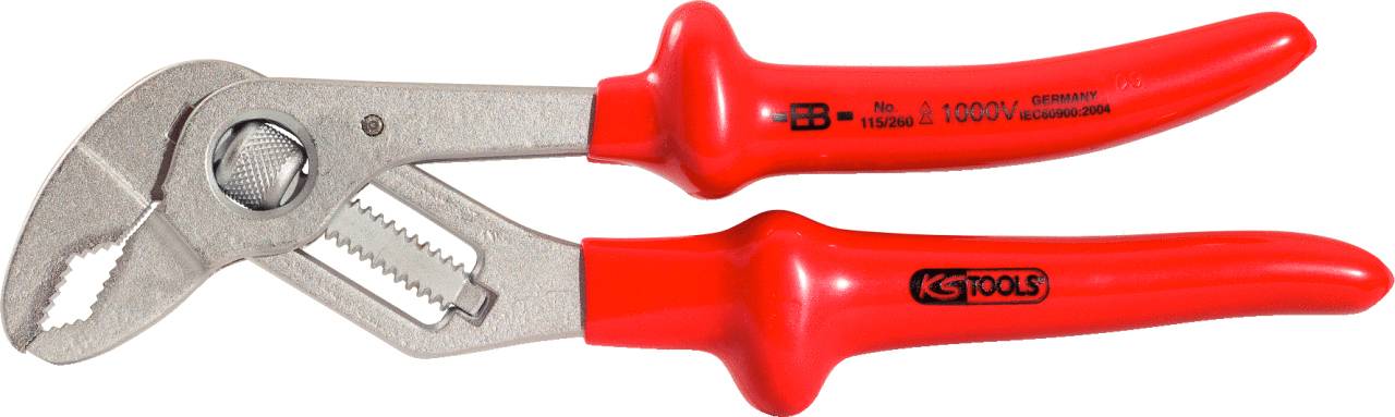 Rote Wasserpumpenzange mit verstellbaren Backen, geeignet für Installationsarbeiten und universellen Einsatz im Haushalt.