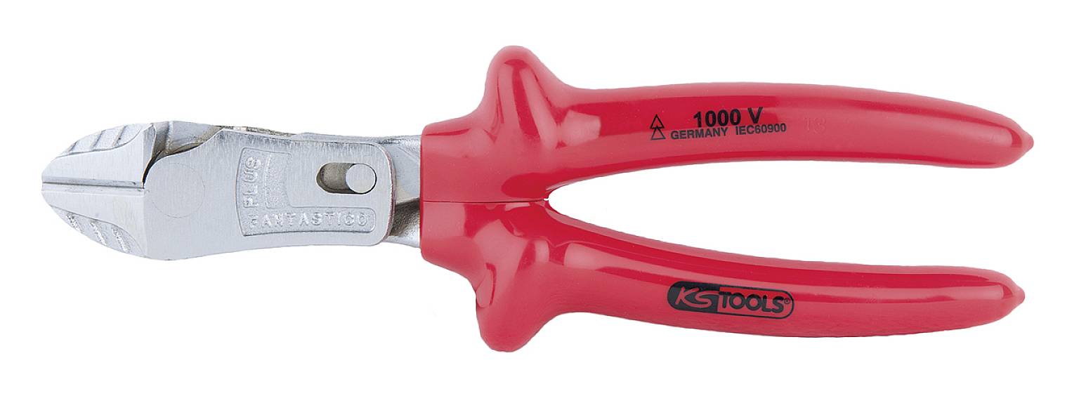 Seitenschneider mit roten Griffen, geeignet für Arbeiten bis 1000 V, Marke 'KS Tools'.