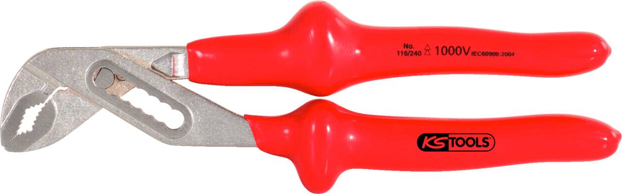 Rote, isolierte Wasserpumpenzange mit verstellbarem Greifer und rutschfestem Griff, geeignet für Arbeiten an elektrischen Anlagen.