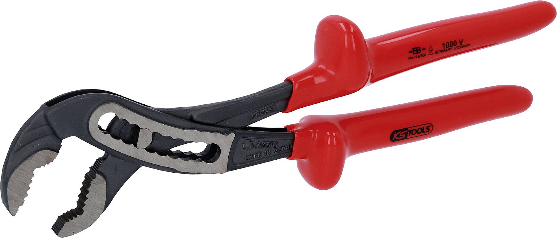 Eine rote Wasserpumpenzange mit gezahnten Backen und rutschfesten Griffen, geeignet für Sanitärarbeiten.