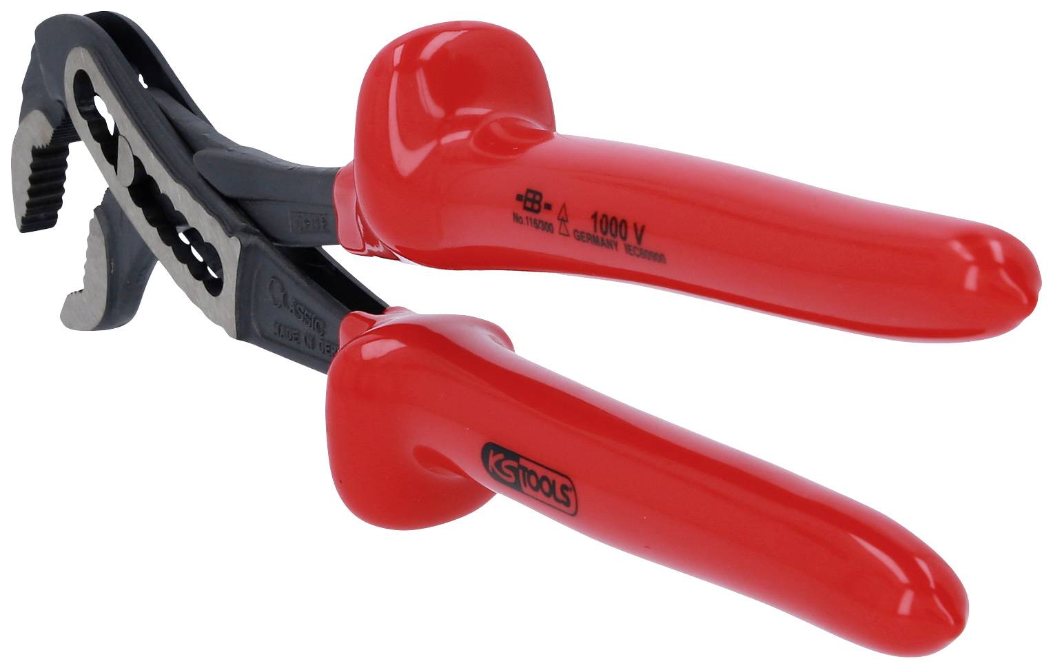 Eine rote Rohrzange mit isolierten Griffen. Die Zange ist für Arbeiten bis zu 1000 Volt geeignet.