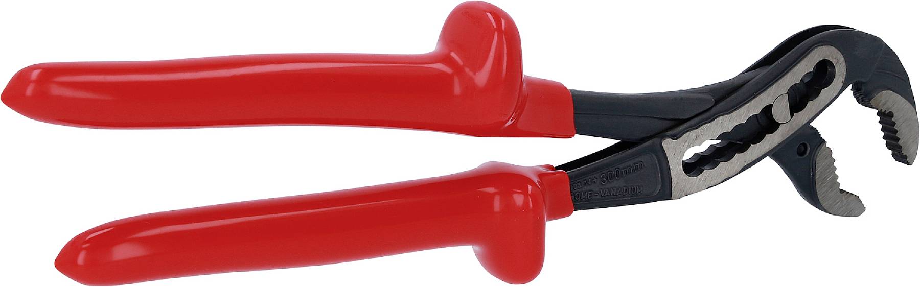 Eine rote Wasserpumpenzange mit verstellbaren Backen in geöffneter Position, verwendet zum Greifen und Halten von Rohren oder anderen Gegenständen.