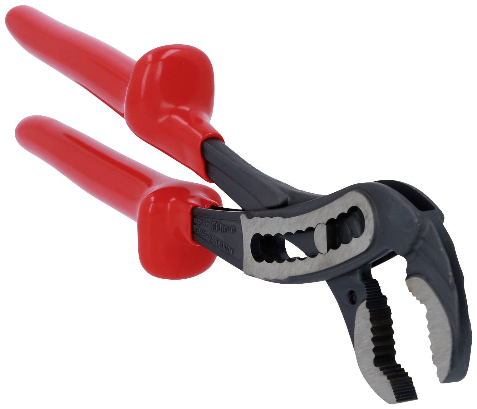 Rote Wasserpumpenzange mit schwarzen Greifbacken, geeignet für Arbeiten an Rohren und anderen Installationen.