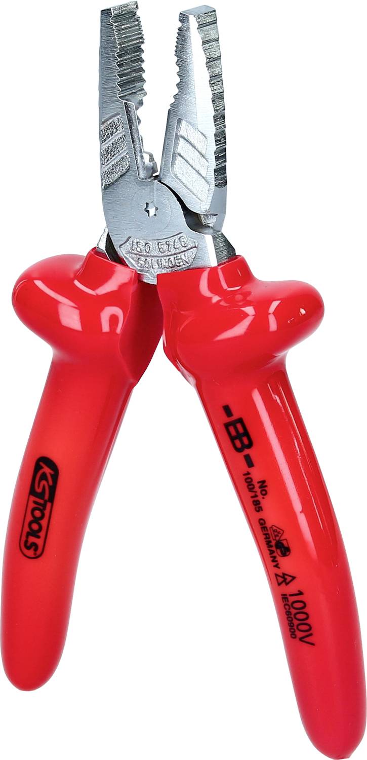 Eine rote Abisolierzange mit isolierten Griffen, maximal 1000V, geeignet zum sicheren Abisolieren von Kabeln.