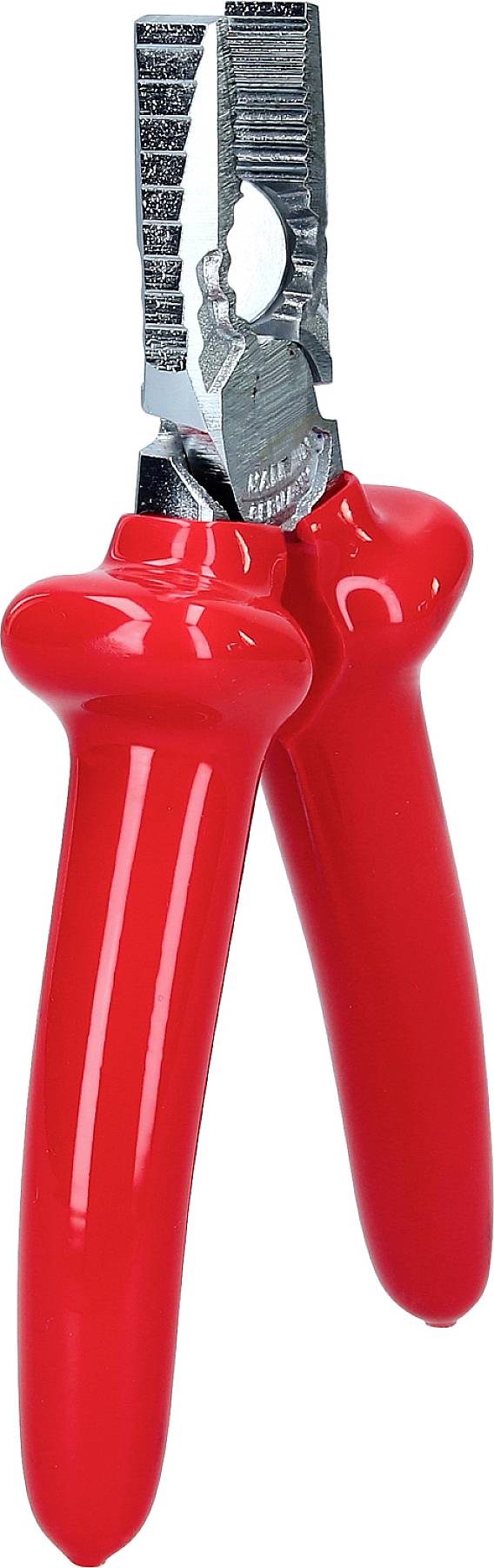 Rote Kombizange mit isolierten Griffen, geeignet zum Greifen und Schneiden von Drähten.