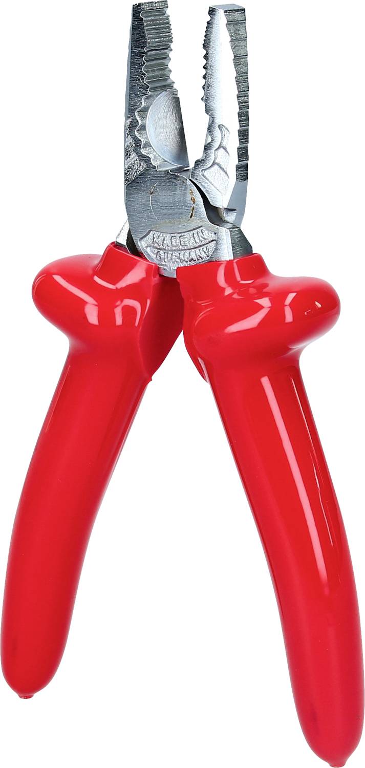 Rote Kombinationszange mit rutschfesten Griffen, geeignet zum Greifen und Schneiden von Drähten und Kabeln.