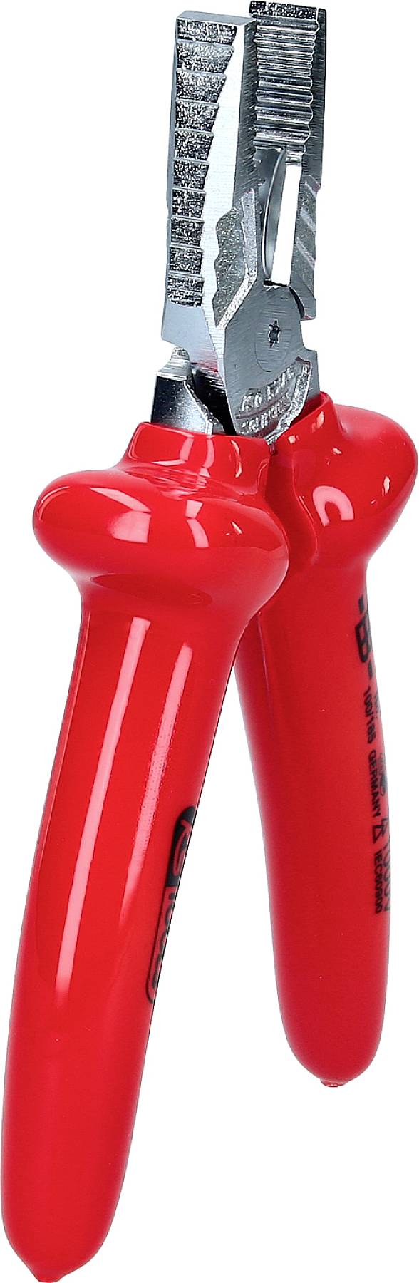 Rote Isolierzange mit gezackten Greifflächen für elektrische Arbeiten.