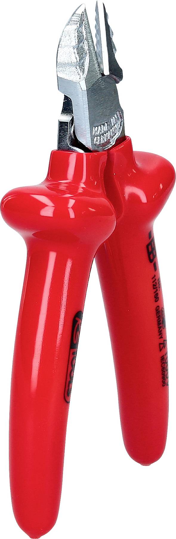 Roter Seitenschneider mit isolierten Griffen, für Elektrikerarbeiten geeignet.