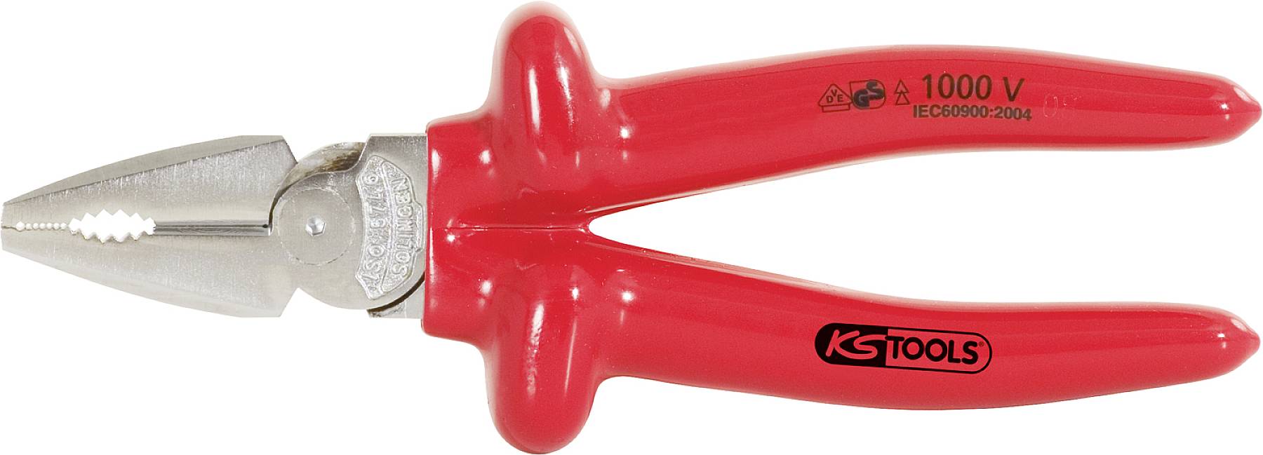 Rote Kombizange mit isolierten Griffen und 'KS Tools'-Aufschrift, geeignet für Arbeiten bis 1000 V gemäß IEC 60900:2004.