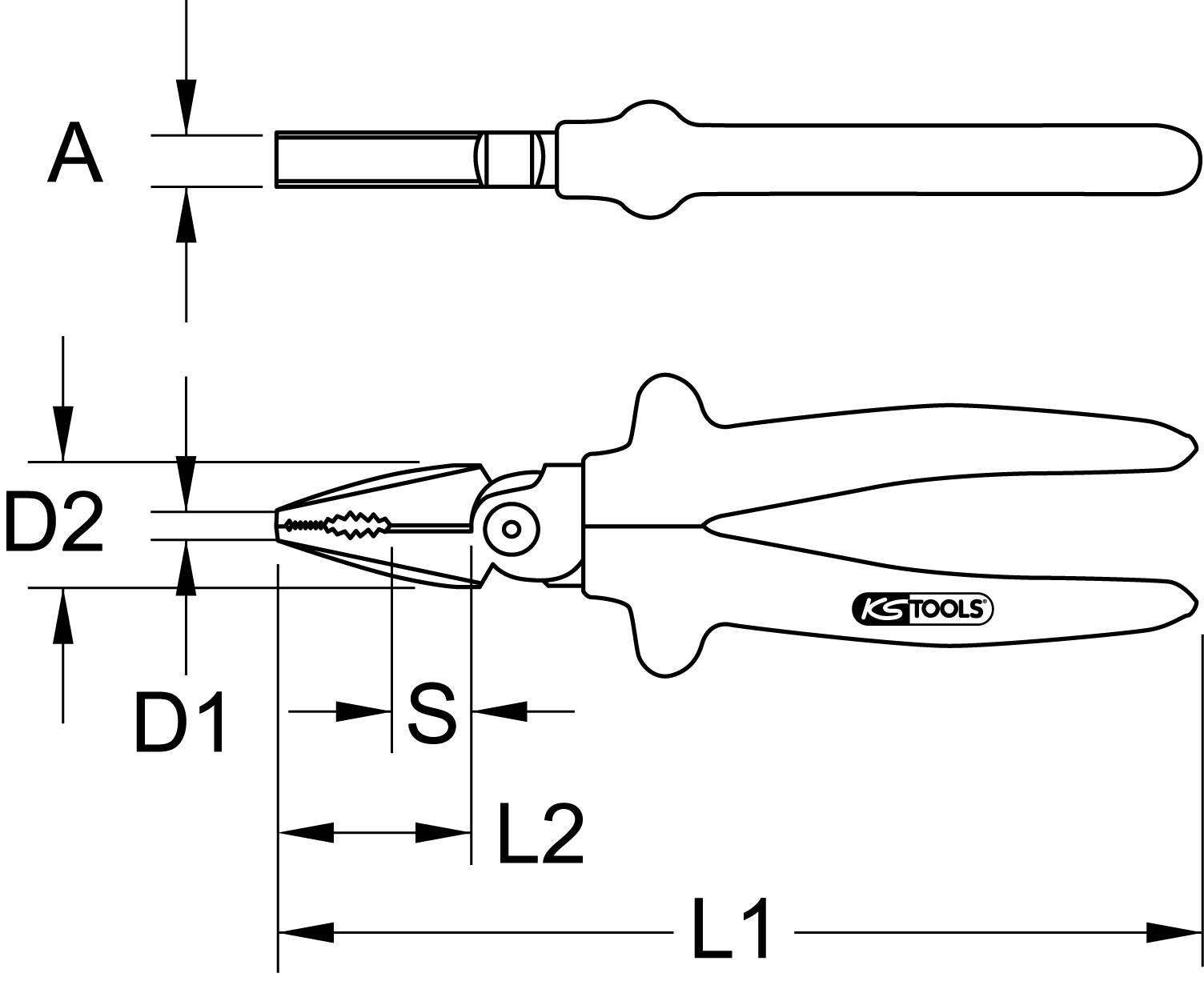 Technische Zeichnung einer Zange mit Abmessungen. Beschriftungen zeigen verschiedene Längen und Durchmesser, darunter L1, L2, D1, D2, A und S.