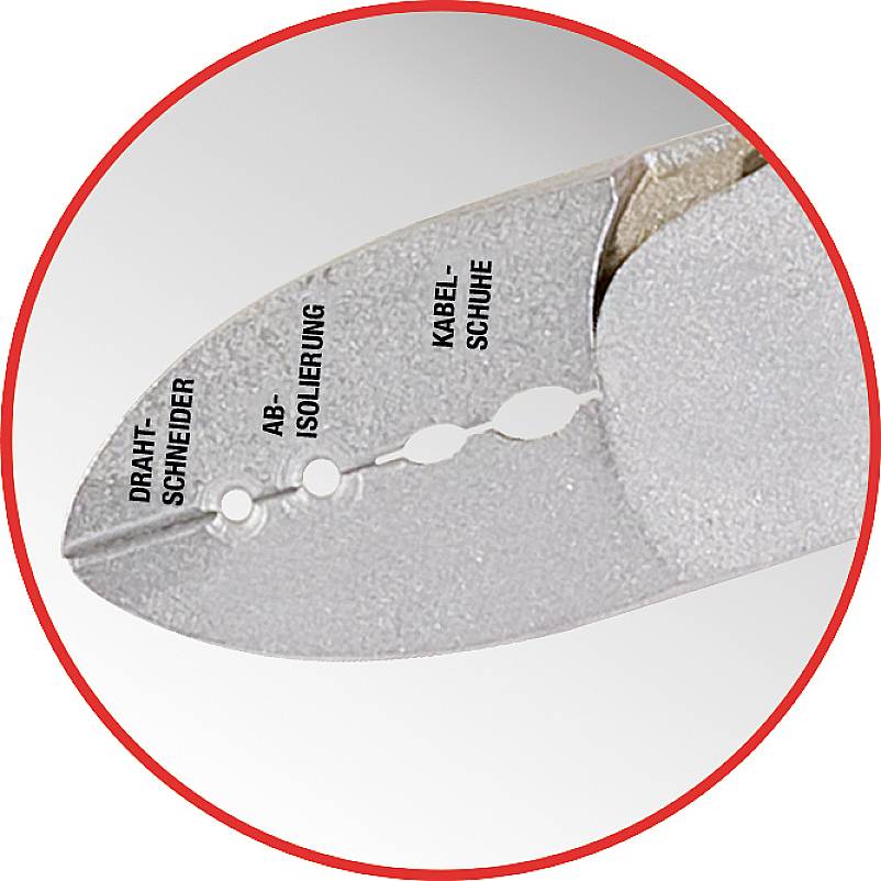 Nahaufnahme einer Zange mit gekennzeichneten Funktionen: 'Drahtschneider', 'Abisolierung', 'Kabelschuhe'.