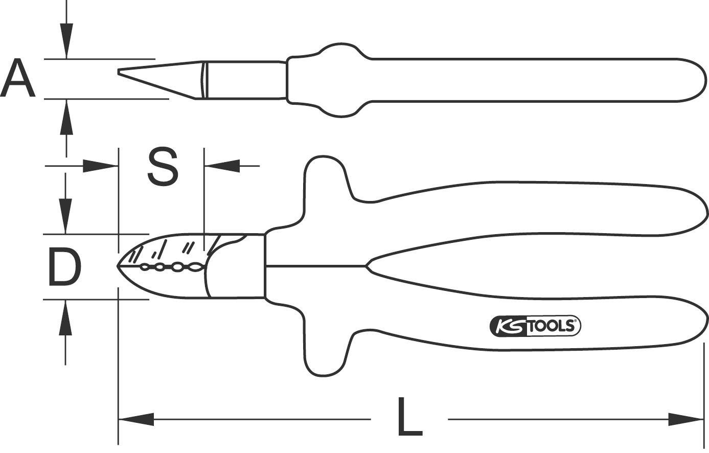 Schemazeichnung einer Zange mit den Maßen A, S, D und L. Oben ist die Spitze, unten der Griff. Markierung für Herstellerlogo 'KS Tools'.