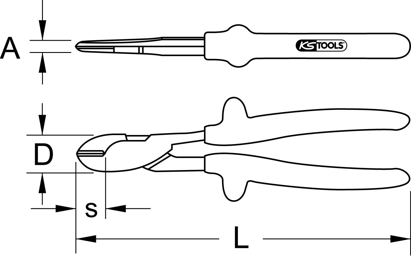 Zeichnung von zwei Zangen mit Detailmaßen: A, D, S, L. Oberes Werkzeug hat lange Spitze, unteres ist ein Seitenschneider.