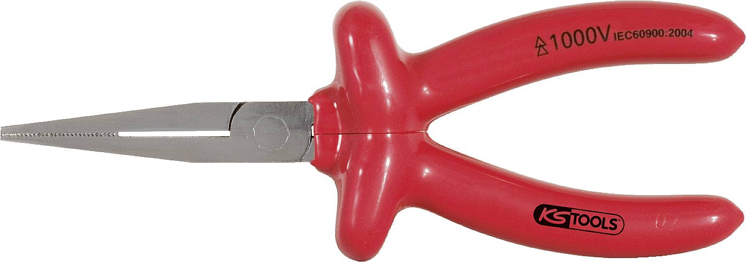 Rote isolierte Spitzzange mit grauen Metallbacken, geeignet für Arbeiten bis 1000V. Markierung: 'KS TOOLS' und '1000V IEC60900:2004'.