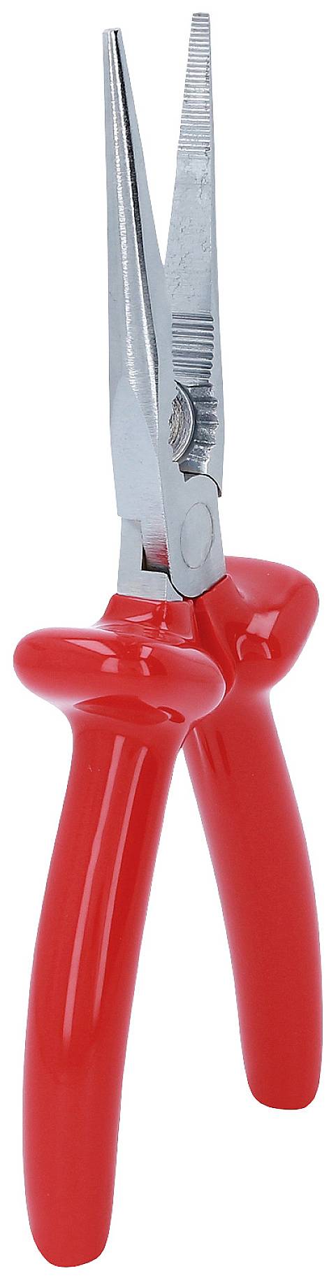 Rote, spitze Spitzzange mit metallenen Greifbacken, trägt zur präzisen Handhabung kleiner Objekte oder Drähte bei.