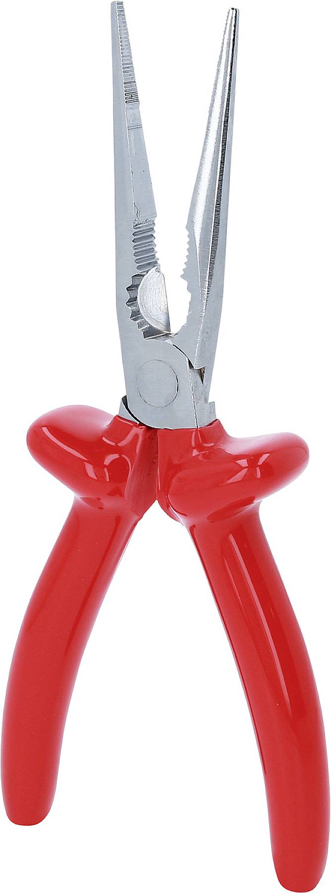 Rote Spitzzange mit Metallspitzen, geeignet für präzise Handwerksarbeiten.