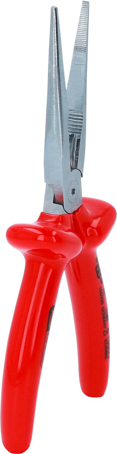 Rote Spitzzange mit langem, schmalem Kopf und rotem Kunststoffgriff, verwendet für präzises Greifen und Schneiden in engen Räumen.