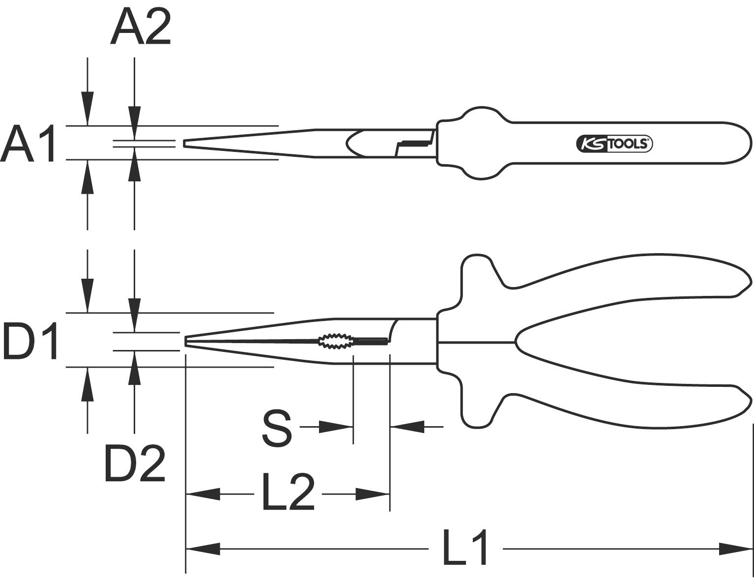 Technische Zeichnung einer Zange mit Griff und Spitzen. Maße: A1, A2, D1, D2, L1, L2, S. Markenlogo auf dem Griff. Seitliche und Draufsicht.