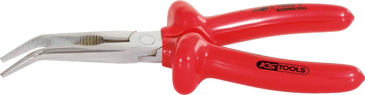 Rote Spitzzange mit gebogenen Backen und rutschfestem Griff, geeignet für präzise Arbeiten in schwer zugänglichen Bereichen.