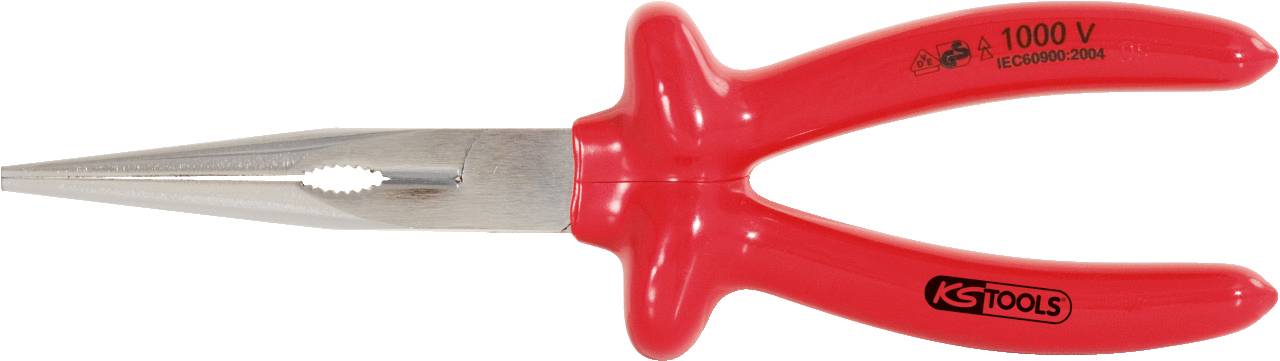 Rote VDE-geprüfte Kombizange mit isolierten Griffen und spitzer Spitze. Geeignet für Arbeiten an elektrischen Anlagen bis 1000 V.