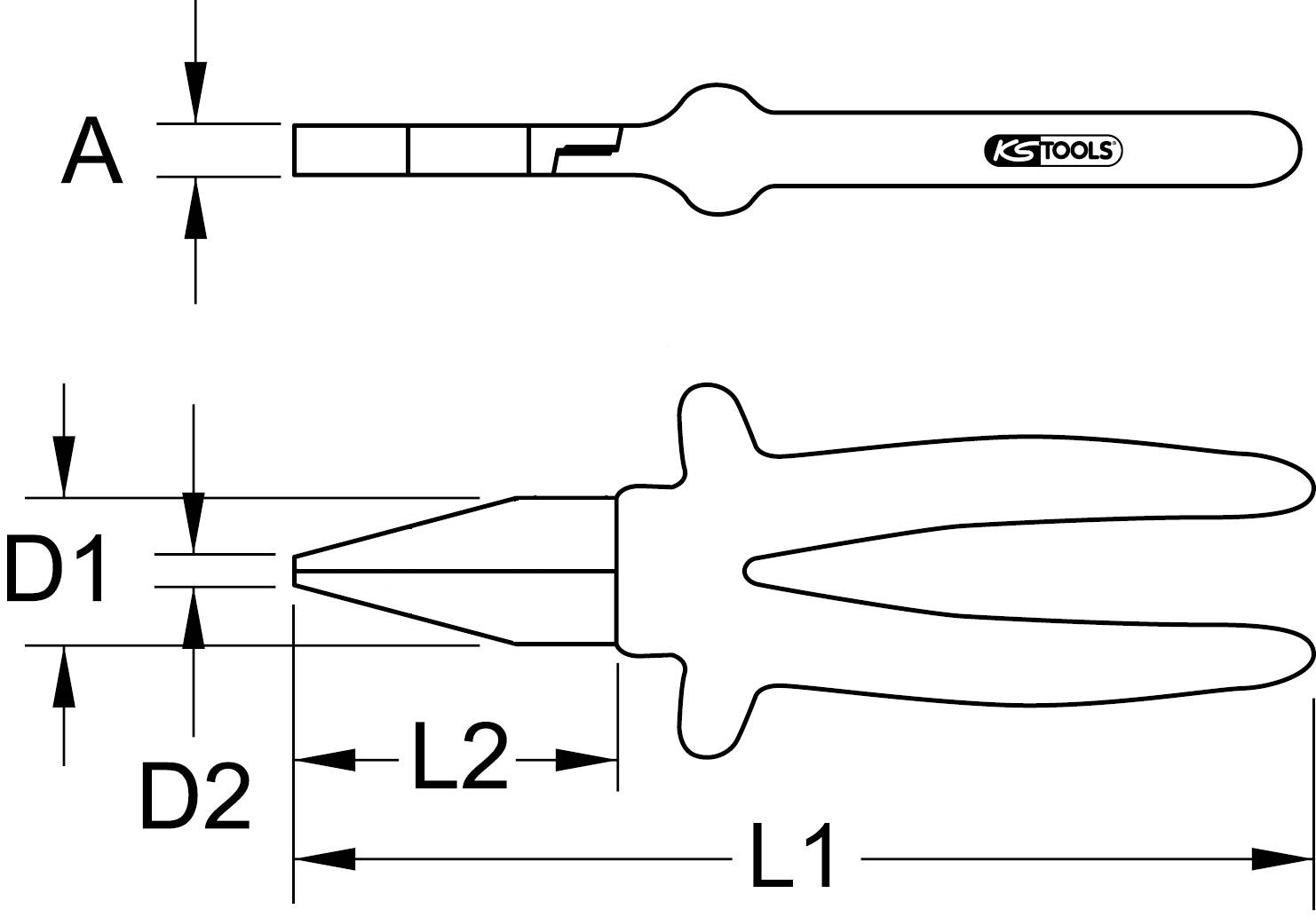 Technische Zeichnung einer Zange mit Maßangaben. Zeigt Länge L1, L2 und Durchmesser D1, D2. Oben Detail eines anderen Werkzeugs.