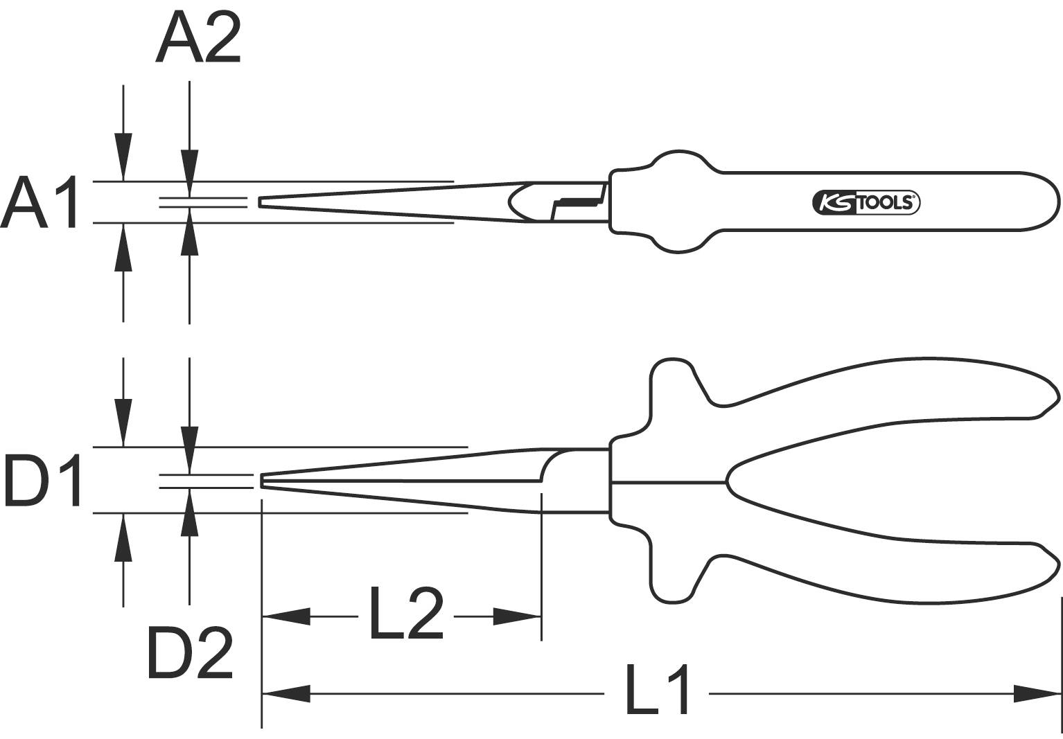 Zeichnung einer langen Spitzzange mit Abmessungen: A1, A2, D1, D2, L1, L2. Griff und Zangenspitze werden hervorgehoben.