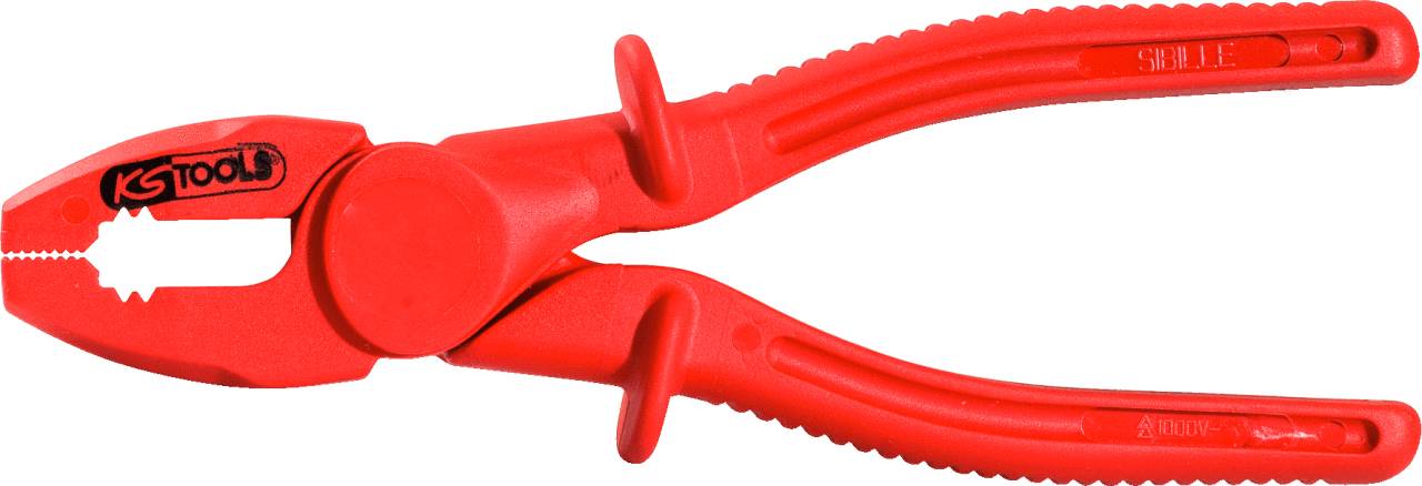 Rote isolierte Zange, gekennzeichnet mit 'KS Tools', zeigt Eignung für Elektrowerkzeuge an.