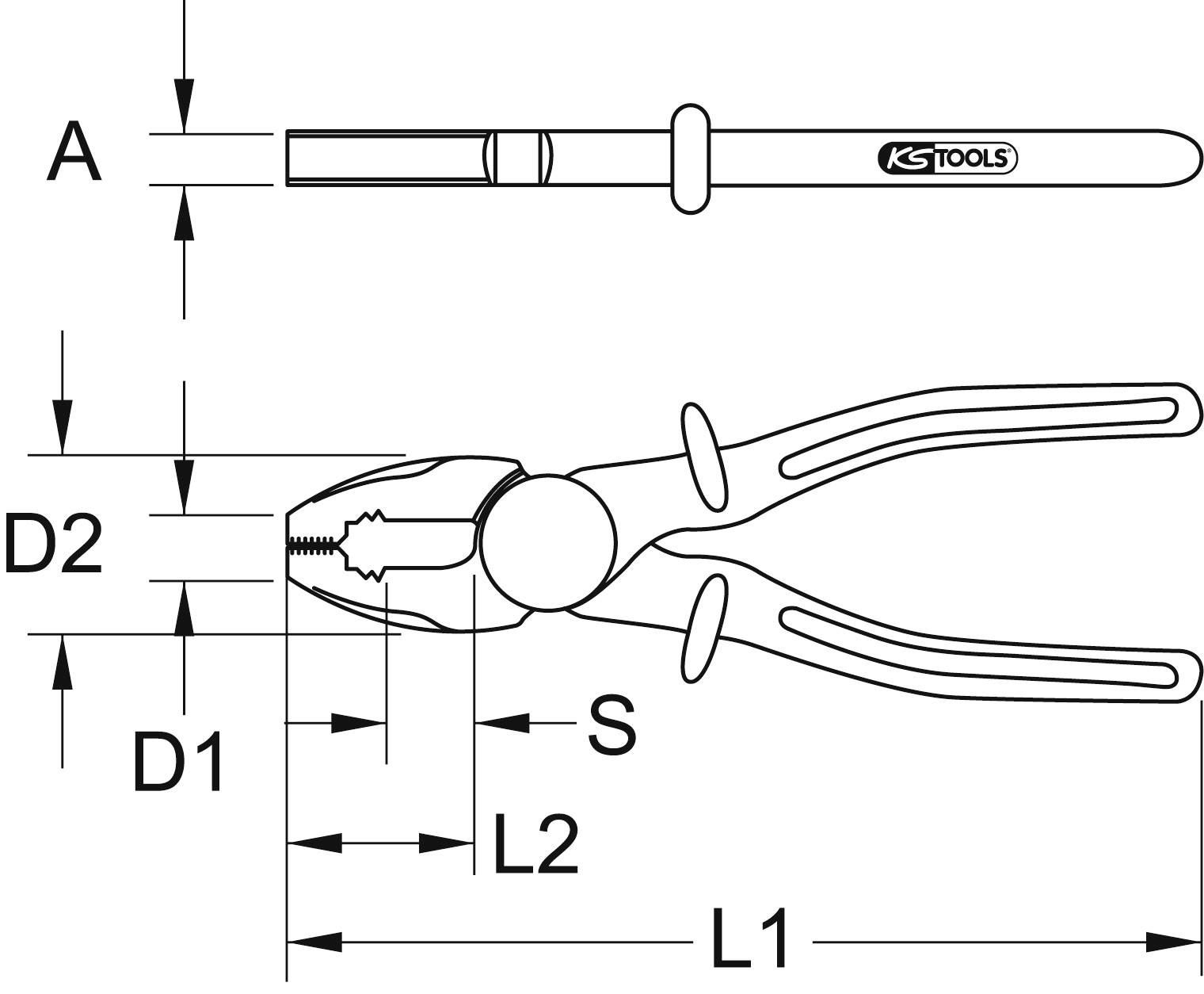 Abbildung eines Kombinationszangenschemas mit Maßen: Länge des Griffs (L1), Backenlänge (L2), Durchmesser (D1, D2), Griffstärke (S). Hauptsächlich technische Details.