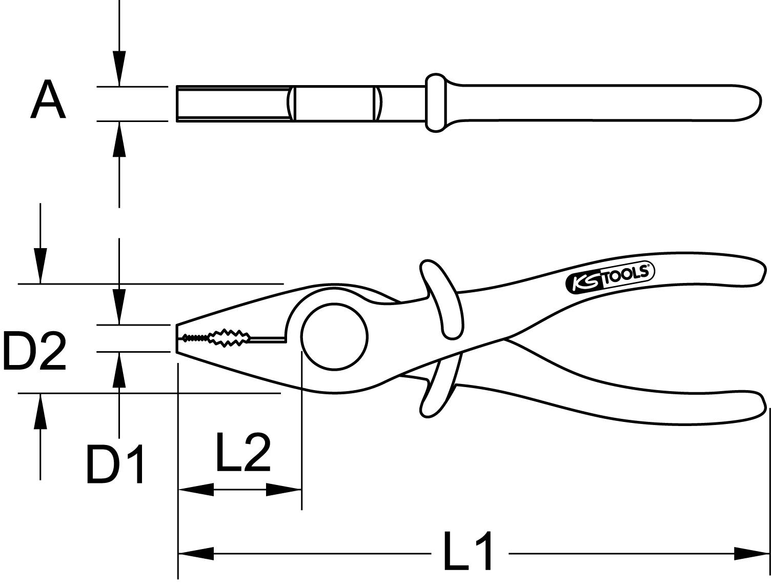 Zeichnung einer Kombizange von 'KS Tools' mit detaillierten Maßangaben: Länge L1, Abstand L2, Durchmesser D1 und D2 eines Bolzens.
