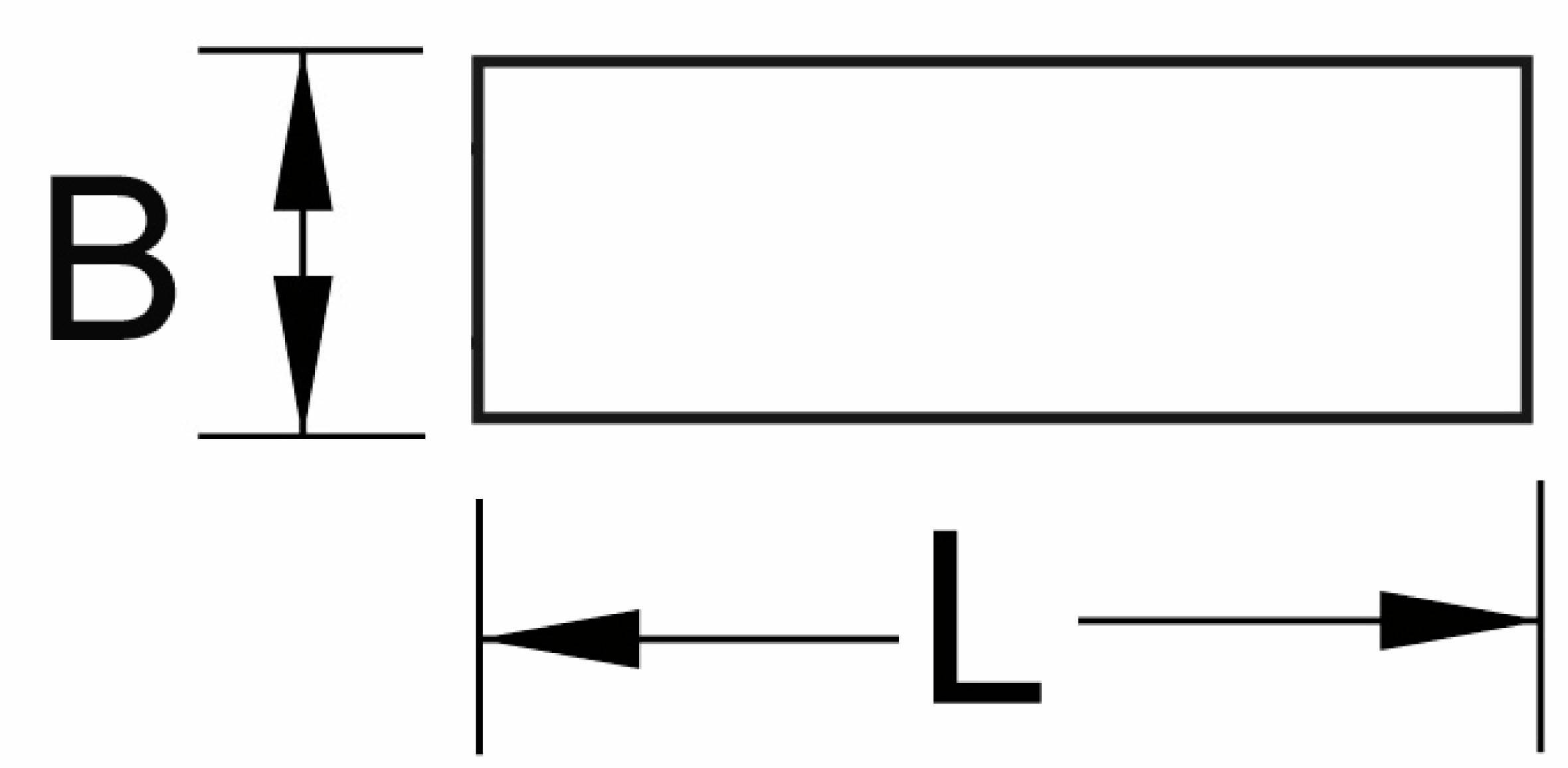 Rechteck mit Länge 'L' und Breite 'B'. Pfeile weisen auf Längenangaben hin.