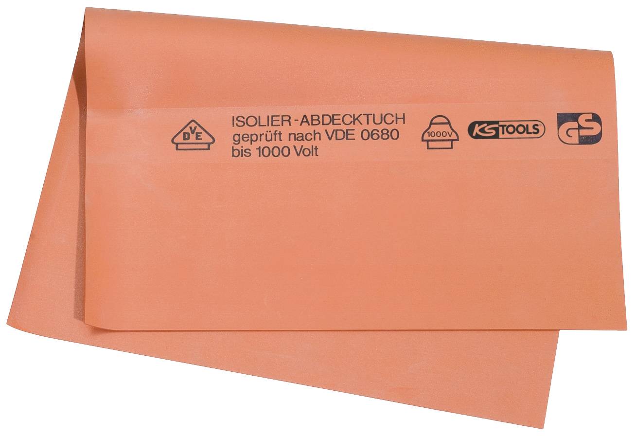 Ein orangefarbenes Isolier-Abdecktuch, geprüft nach VDE 0680, geeignet bis 1000 Volt, mit Logos von KS Tools und GS.