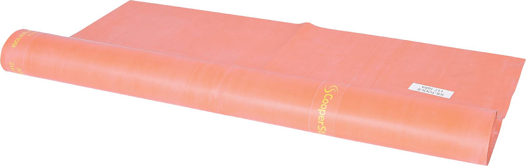 Rolle eines orangefarbenen Baumaterials mit der Aufschrift 'CooperStandard', verwendet für Abdichtungszwecke.