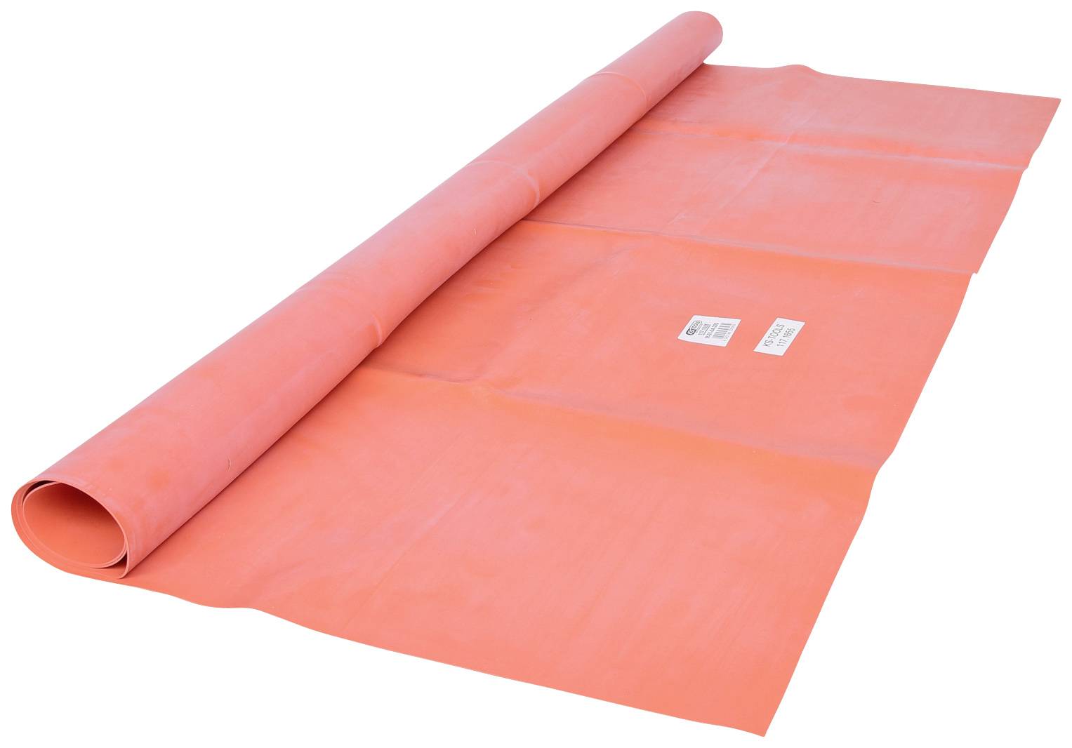 Eine aufgerollte rosafarbene Kunststofffolie liegt teilweise ausgerollt auf dem Boden.