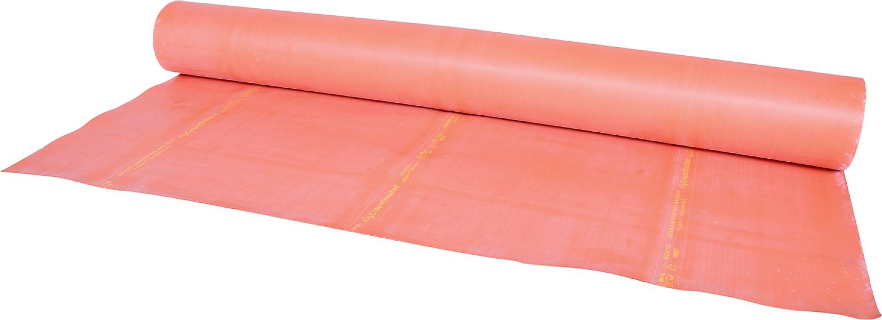 Eine orangefarbene Rolle Malervlies liegt teilweise ausgerollt auf einer weißen Oberfläche.