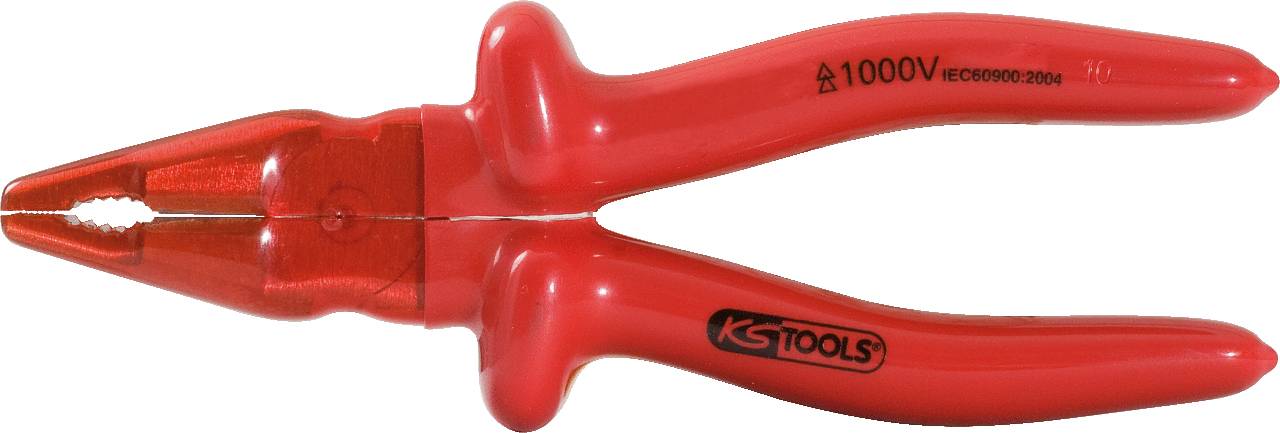 Rote Isolierzange von KS Tools, zertifiziert bis 1000V, geeignet für Arbeiten an elektrischen Anlagen.