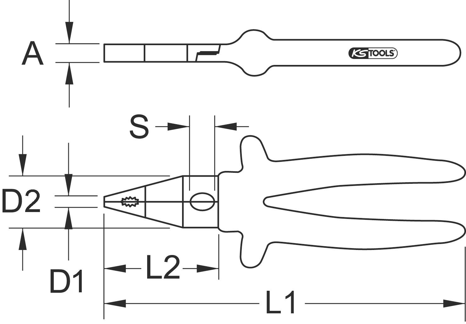 Technische Zeichnung einer Zange mit Maßen: Länge L1, L2, Durchmesser D1, D2 und Abstand S. Hersteller: KS Tools.