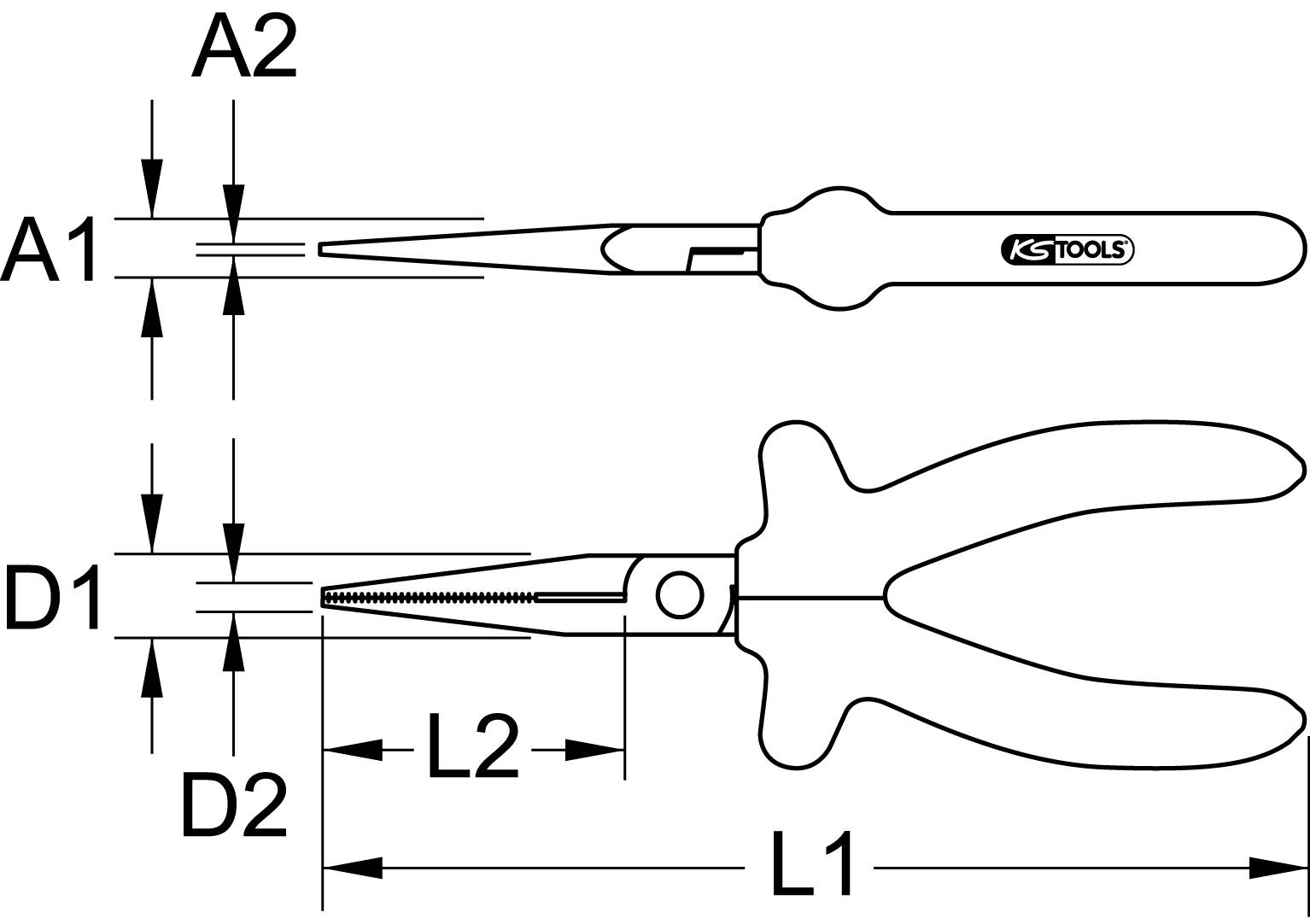 Zeichnung einer langen Spitzzange mit beschrifteten Maßen A1, A2, D1, D2, L1, L2. Werkzeugmarke auf dem Griff sichtbar.