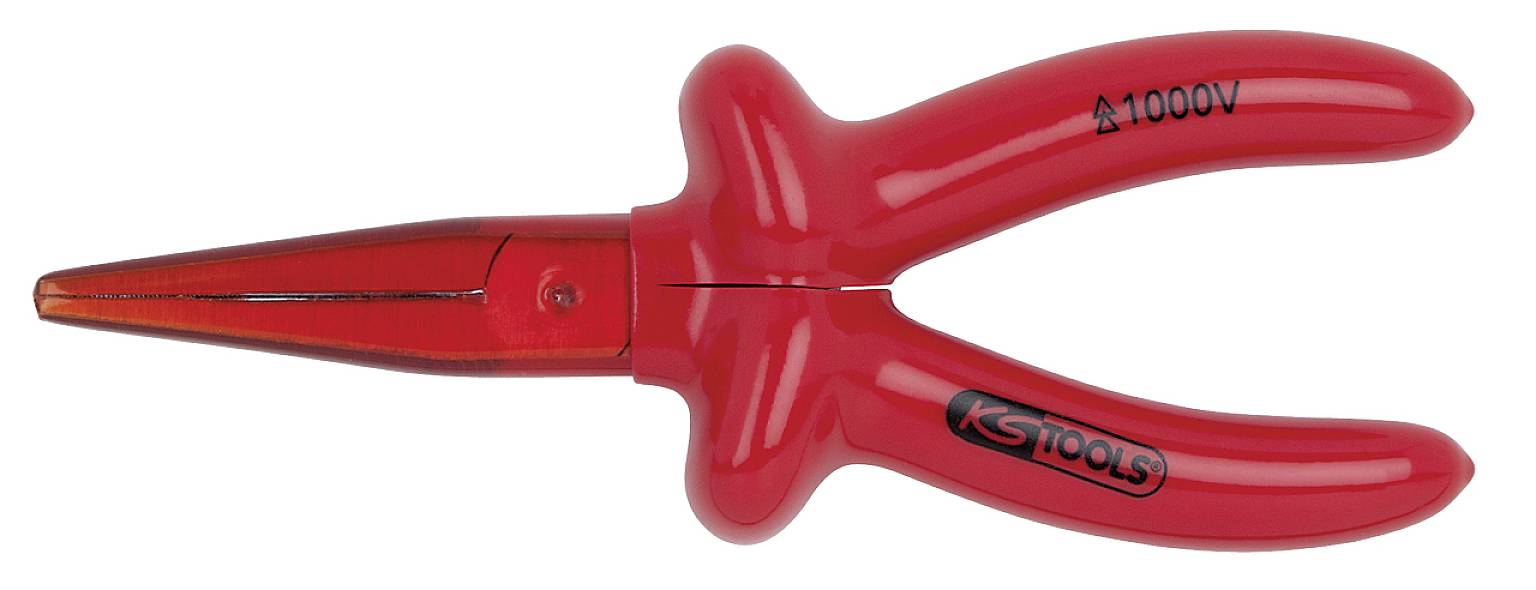 Rote, isolierte Zange mit der Aufschrift '1000V', geeignet für elektrotechnische Arbeiten, bietet Schutz vor elektrischen Schlägen.