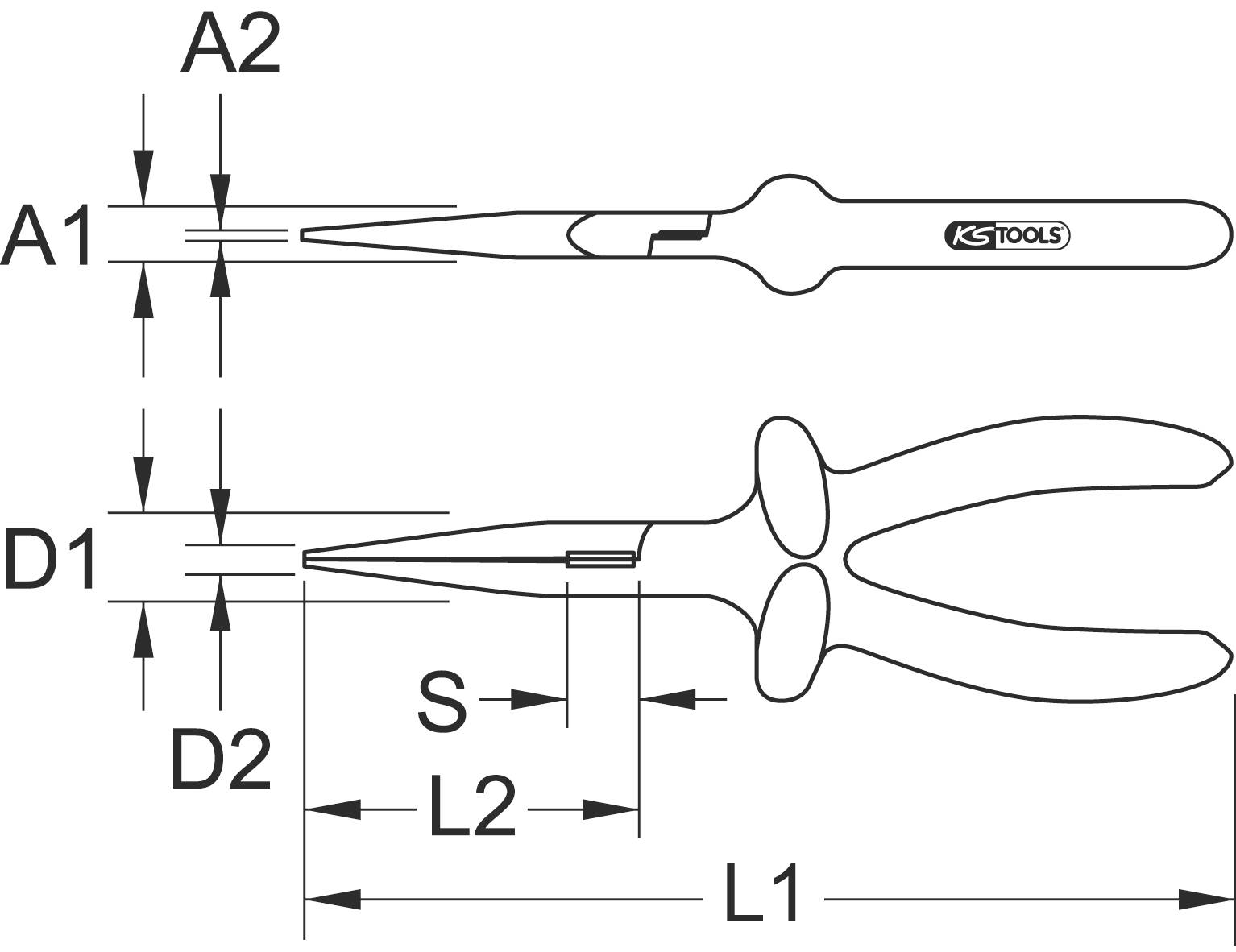 Zeichnung einer Spitzzange. Beschriftungen zeigen Maße: A1, A2 für Breite und D1, D2 für Durchmesser. L1, L2 und S für Längen.