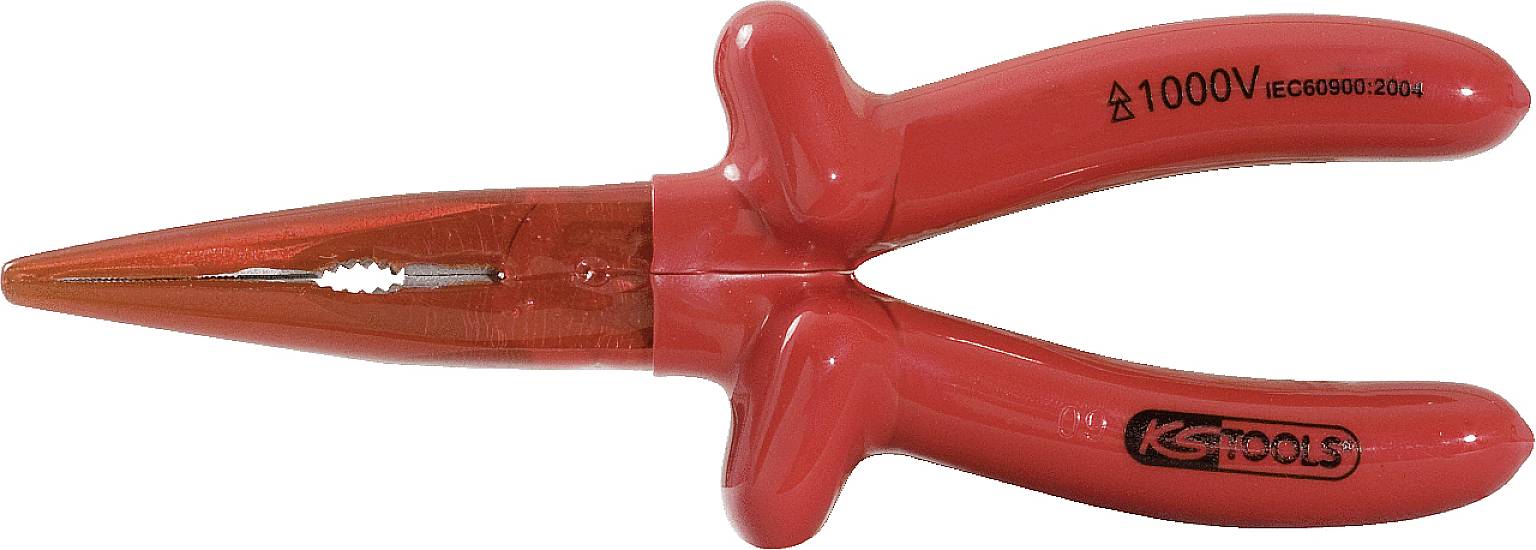 Rote isolierte Zange mit Gummigriff, geeignet für Arbeiten bis zu 1000 Volt. Markierung zeigt: 'GS Tools'.