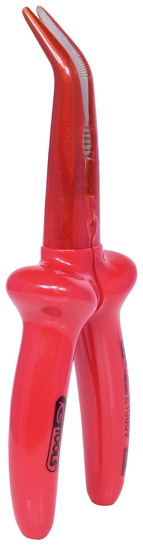 Rote Zahnzange mit gebogenem Griff und gerippten Spitzen, verwendet in der Zahnmedizin für Eingriffe.