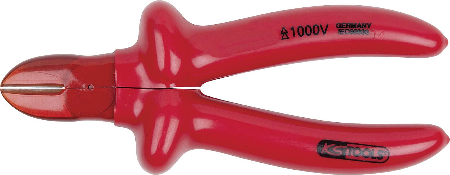 Rote isolierte Seitenschneiderzange mit Beschriftung '1000V GERMANY' und 'KS TOOLS'; geeignet für Arbeiten an elektrischen Leitungen.