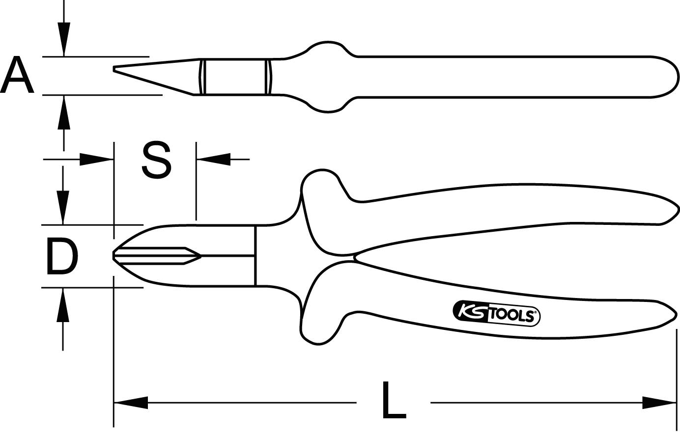 Diagramm einer Kombizange mit Maßen: A, S, D, L. Markierungen zeigen die Abmessungen in der Seiten- und Draufsicht.
