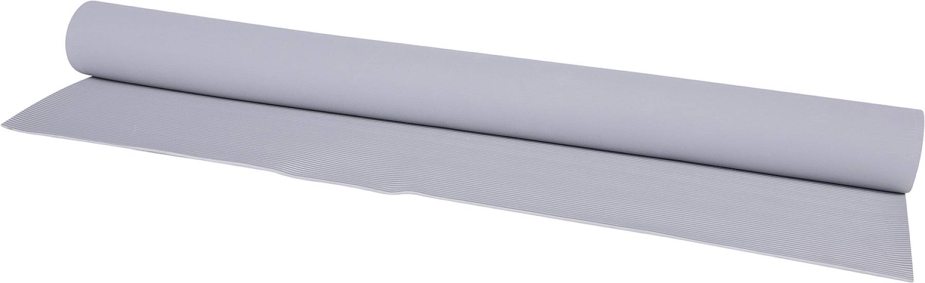 Graue Yogamatte aufgerollt, liegt schräg auf Boden.