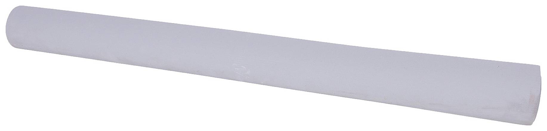 Ein langer, weißer Zylinder, der wie eine große Papierrolle aussieht, liegt horizontal auf weißem Hintergrund.