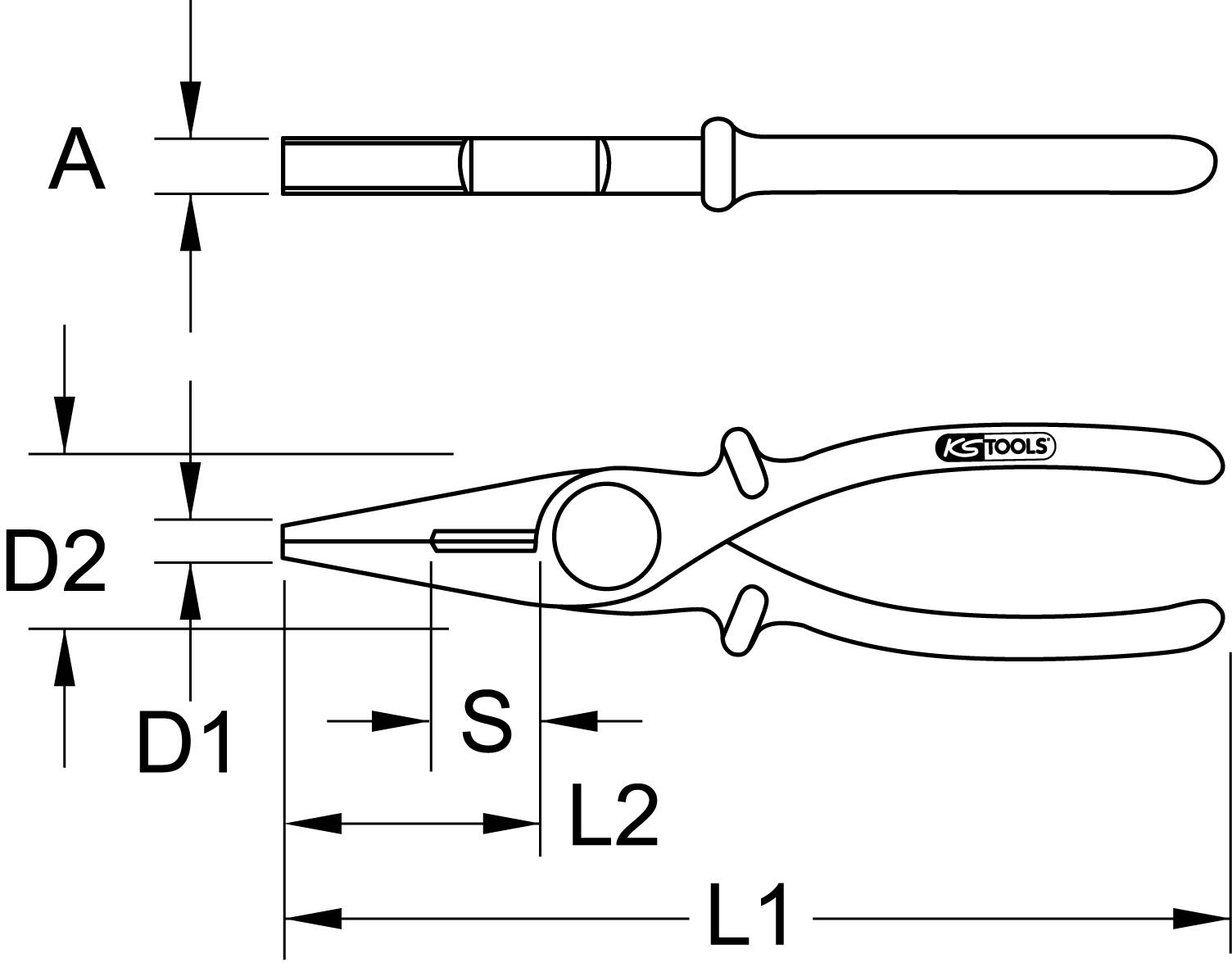 Diagramm einer Zange mit den Maßen: L1, L2, D1, D2 und S.