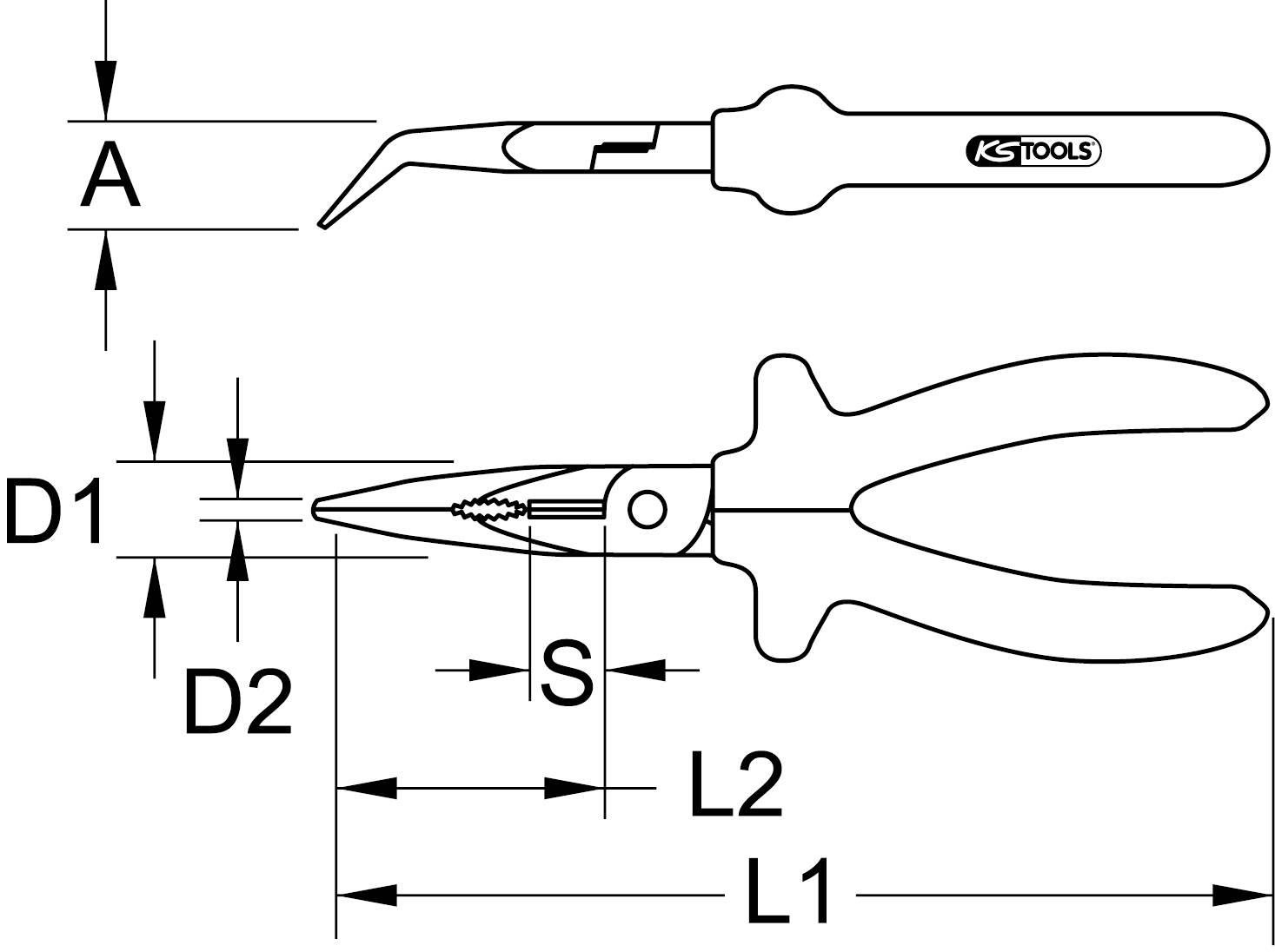 Eine technische Zeichnung zeigt zwei Werkzeuge: oben ein Hakenwerkzeug, darunter eine Zange. Beschriftete Maße: A, D1, D2, S, L1, L2.