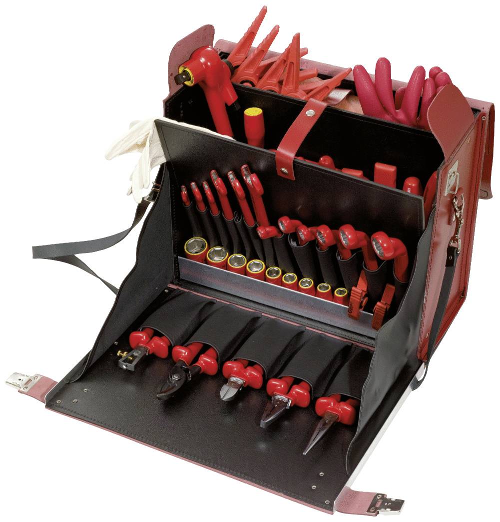 Ein geöffneter Werkzeugkoffer mit isolierten Werkzeugen wie Schraubendreher, Zangen und Schraubenschlüssel, speziell für Elektriker.