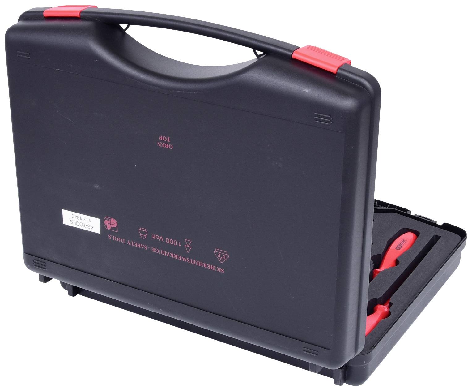 Schwarzer Werkzeugkoffer mit roten Verschlüssen, leicht geöffnet, zeigt innenliegendes Werkzeug. Perfekt für den sicheren Transport.