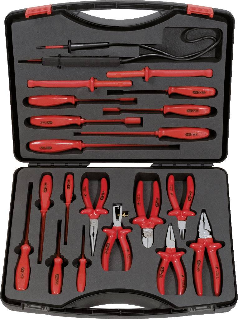 Ein Satz roter isolierter Werkzeuge, darunter Schraubendreher und Zangen, ordentlich in einem schwarzen Koffer angeordnet.